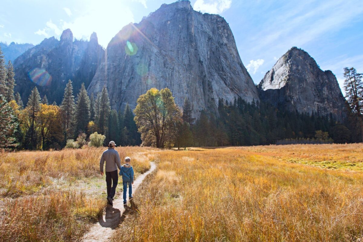 family walking through Yosemite Nation Park